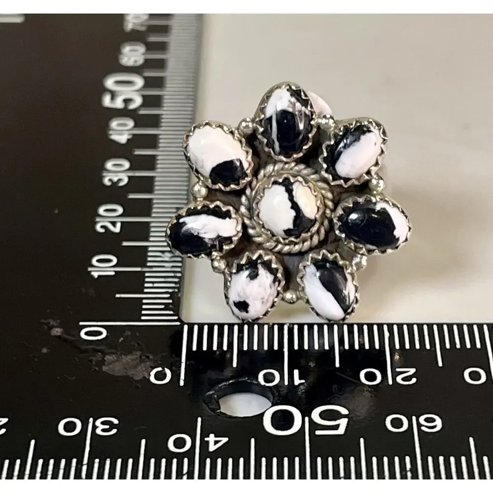 White Buffalo Turquoise Sterling Silver Cluster Ring Adjust Sz Southwestern 925